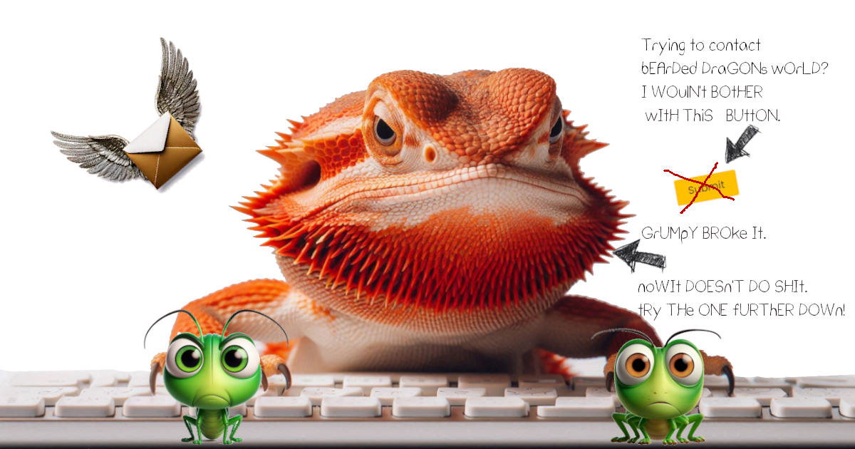 image showing Grumpy the bearded dragon on a keyboard with 2 cartoon crickets trying to contact Bearded Dragons World